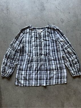 LOFT Black and White Plaid Peasant Blouse - S - 100% Rayon